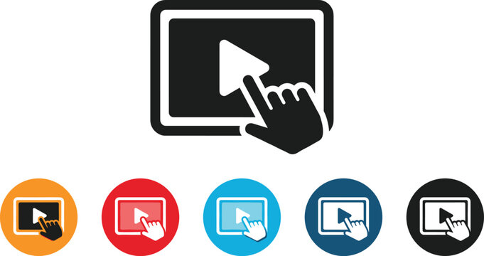 Tablet or screen with play video icon and clicking hand gesture vector stock illustration