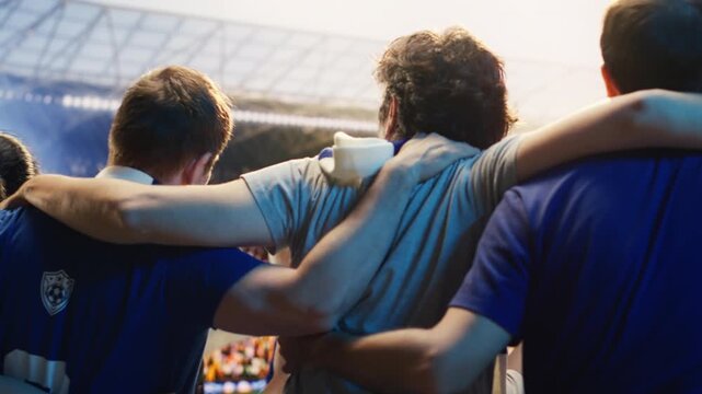 Soccer supporters sit shoulder to shoulder with arms around each other in packed stadium, showing crowd performs coordinated choreography, showing team support from arena stands for match day content.