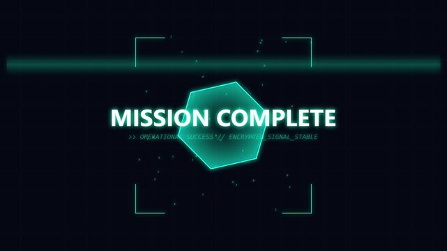 Digital HUD Interface Display Showing Mission Complete Status Animation