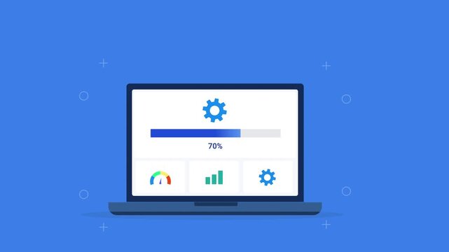 Modern flat vector animation of a laptop displaying a system settings dashboard with configuration controls, analytics indicators, and progress bar. Ideal for software, technology, and web interface p