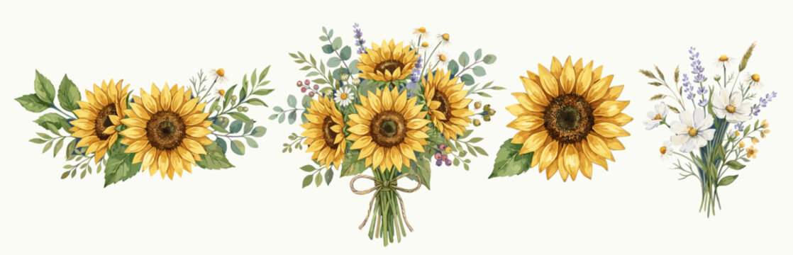 Set of sunflower bouquets and floral arrangements with wildflowers, vibrant watercolor botanical collection for summer invitations and decor