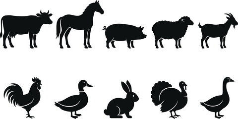 Fototapeta premium Farm Animal Icons, Black Silhouettes, 10 Vector Graphics, Farm Fresh Illustrations, Agriculture Symbols