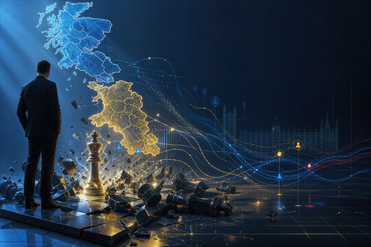 UK devolved election structural realignment symbolic shattered political chessboard transforming into new strategic alignment with Scotland Wales electoral map and observing statesman