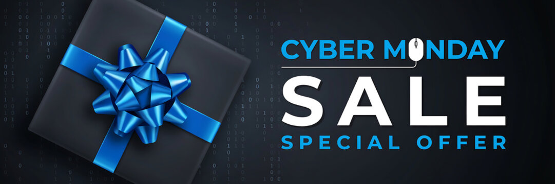Cyber Monday sale gift box with binary code background