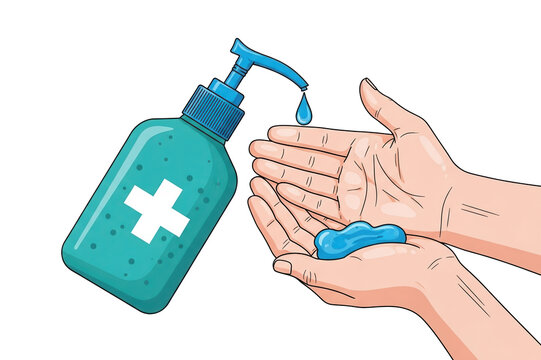 Hand sanitizer bottle dispensing gel onto open hands for hygiene