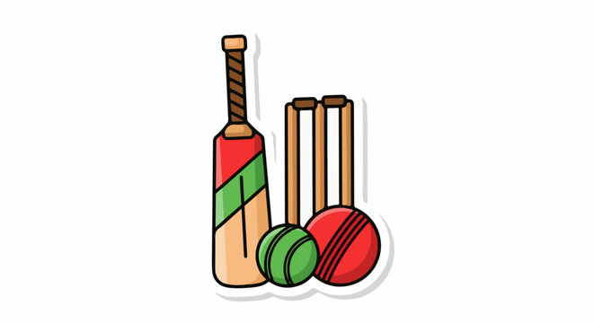 A colorful illustration of cricket equipment