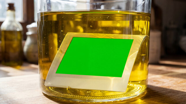 Instant photo frame green screen inside liquid glass jar kitchen