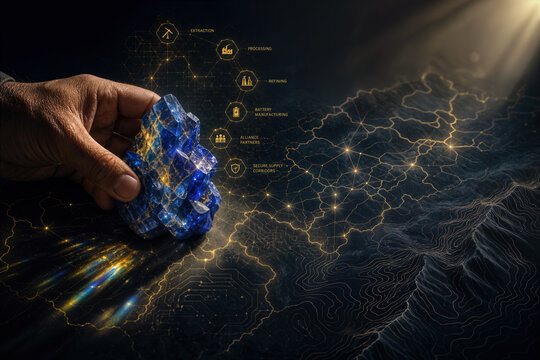 G7 summit critical minerals sovereignty concept with geologist hand holding cobalt luminite crystal over glowing circuit-border map and supply chain hex network