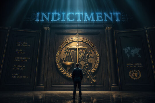 Lone figure facing monumental justice seal and falling scale beneath holographic INDICTMENT symbol representing international law criminal indictment state justice sanctions political prosecution