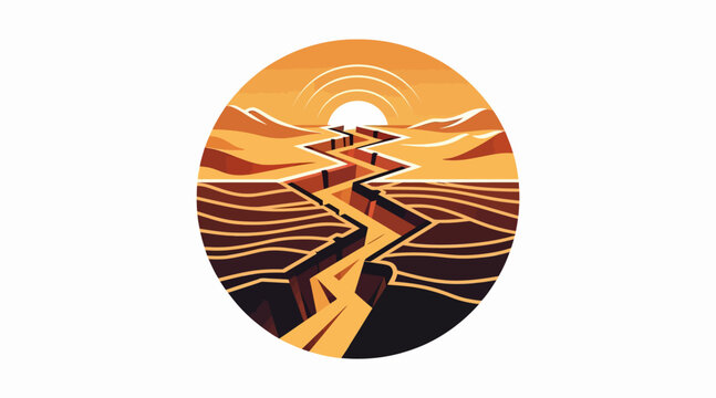 Abstract circular landscape with flowing river and sunset.