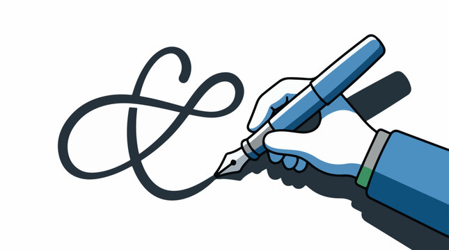A hand holding a pen writing a decorative letter