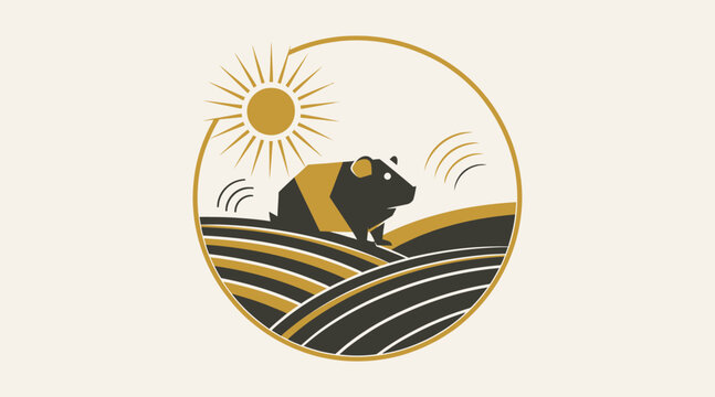 Golden hamster silhouette in circular frame with sun and hills.