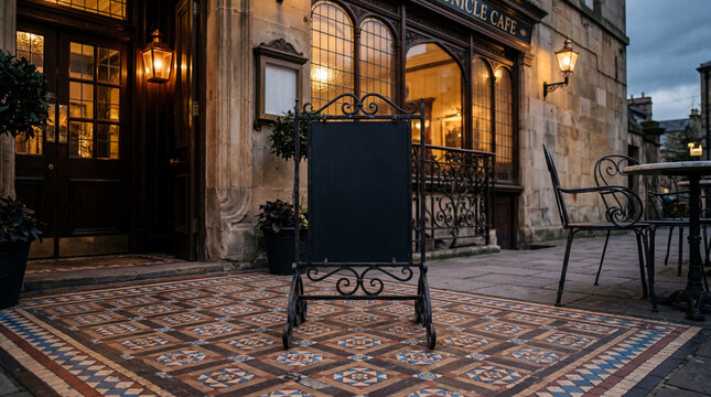 Blank Chalkboard Signage Mockup in Front of Vintage European Cafe