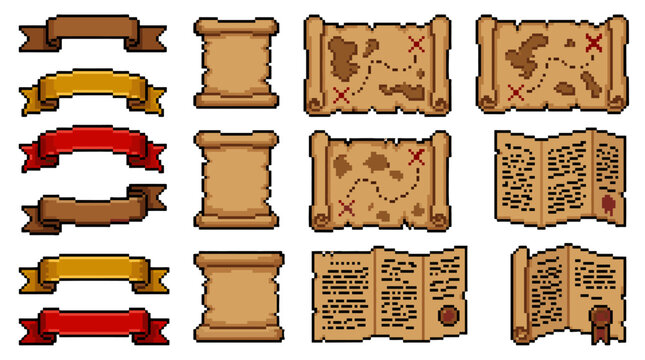 Pixel art set of medieval parchment maps scrolls and ribbons