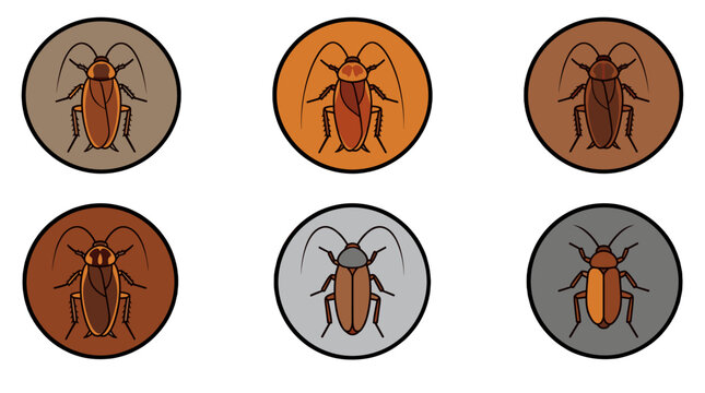 Set of cockroach icons in circular badges on white background