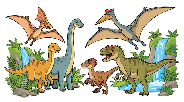 Cartoon dinosaurs and pterosaurs in a prehistoric jungle scene