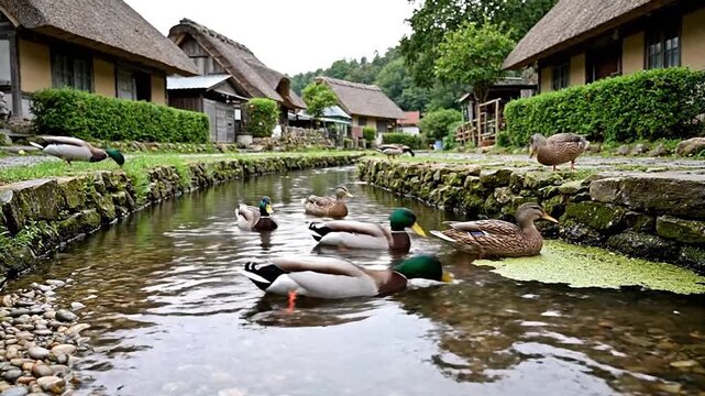 Mallard ducks swim in a canal by traditional thatched houses