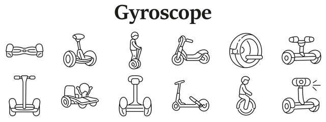 Gyroscope transport set icon. Self balancing board, segway, standing rider, electric scooter, single wheel device, personal vehicle, seated cart, mobility devices line style © Кирилл Макаров
