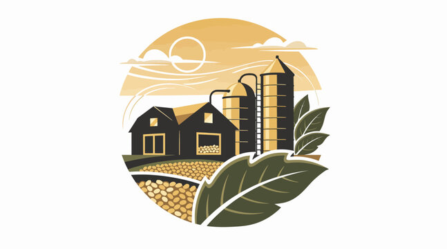 Rural farmhouse with silo and green fields illustration.