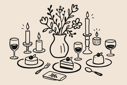 Elegant Dinner Table Decor Doodle Sketch Vector Illustration with Candles, Floral Vase, Wine Glasses, Dessert Plates, Romantic Dining and Home Table Setting Elements