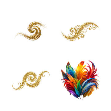 Vibrant rainbow feathers with gold glitter swirls isolated on transparent background