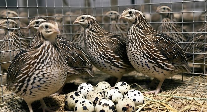 Quails in a Wire Cage with Speckled Eggs on Straw Bedding