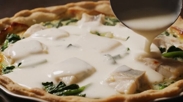 Creamy white sauce is poured over a fresh fish and spinach tart