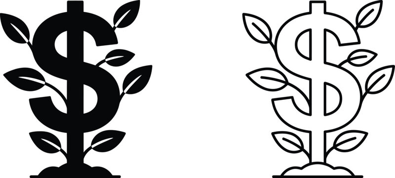 Dollar signs with leaves growing out of them in black and white
