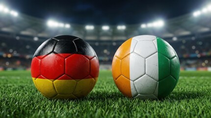 Fototapeta premium Two soccer balls with Germany and Ivory Coast flag colors on stadium grass