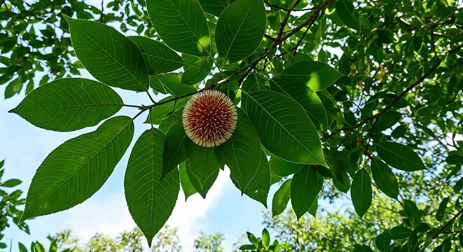 Single Kadam Flower (Neolamarckia cadamba) Hanging from a Tree Branch