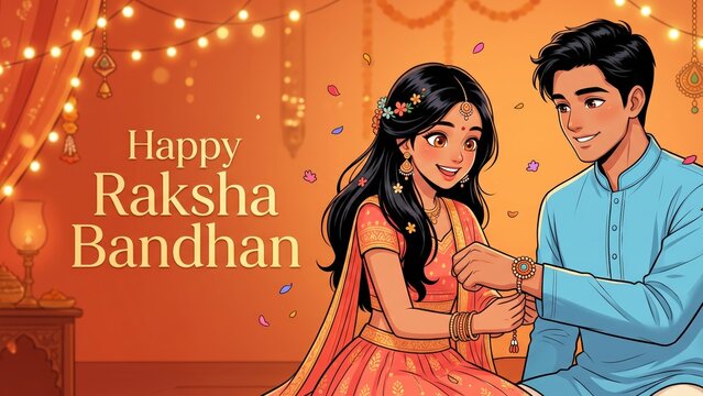 Stylized Raksha Bandhan Illustration &ndash; Sister Tying Rakhi Celebration