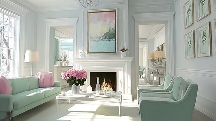 Obraz premium Elegant Transitional Hamptons Style Living Room Space Featuring Pastel Tones and Refined Ornament.