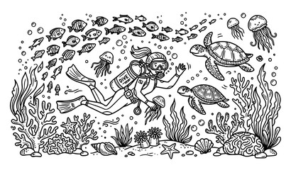 Fototapeta premium Hand Drawn Scuba Diver with Sea Turtles Fish and Seaweed Doodle Line Art Marine Life Vector Illustration Set