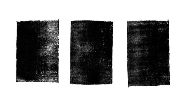 Set of  vertical rolled ink stamp black texture with brayer not eroded on edges. Linocut irregular relief printing illustration. Letter press grunge vintage rough square shape with dirty and noise.. 