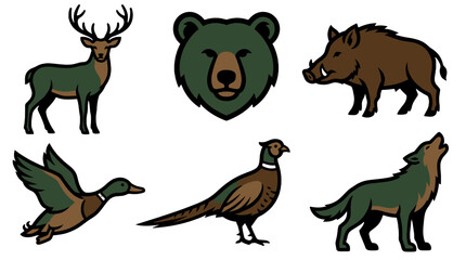 Obraz premium Set of woodland animal vector icons with deer bear boar bird and wolf