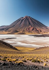 Naklejka premium Majestic arid volcanic peak rising high above a vast, desolate plateau under a harsh, clear blue sky near the salt plain, shadow, terrain, desolate