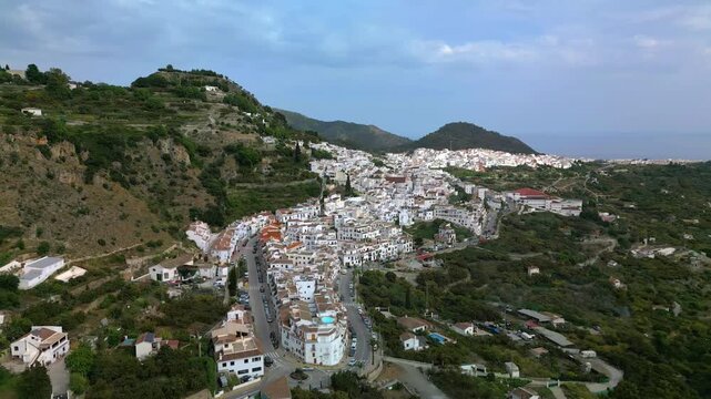 Aerial view of Frigiliana a picturesque white town on the Costa del Sol located in the Sierra de Almijara mountains in southern Spain
