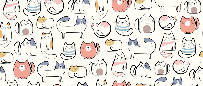Seamless pattern with hand-drawn cute kittens. Decorative wallpaper featuring funny kittens in a doodle style. Design for children's rooms and wrapping paper for animal lovers.