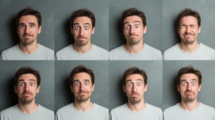 Fototapeta premium Different facial expressions of a man in a gray room during daylight hours showing surprise, joy, confusion, and more