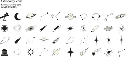 Astronomy icons set with planets stars and galaxies in outline style  editable graphics © RIYADANSARI SHUVO