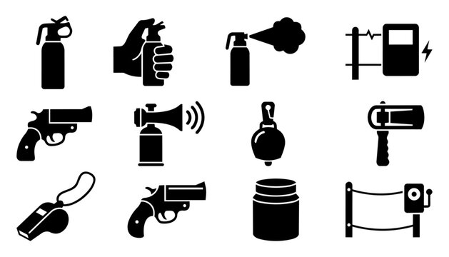 Bear Defense and Wilderness Safety Silhouette Icon Set &ndash; Bear Spray, Survival Equipment and Outdoor Protection Gear