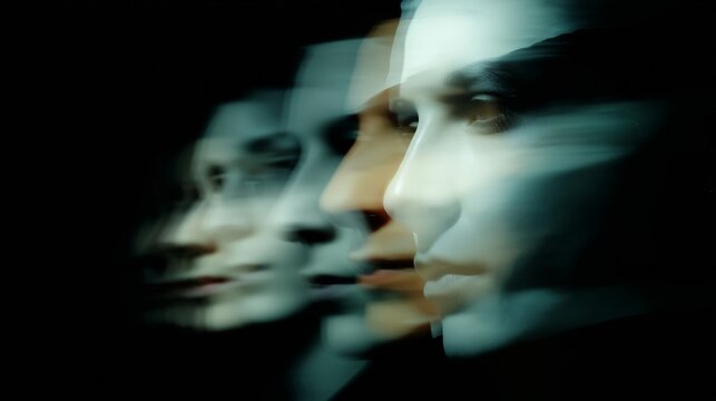 Multiple translucent faces blend together showing changing emotions and mind states with fluid motion blur