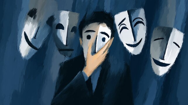 People wear happy masks to hide true feelings in artwork that explores impostor syndrome and emotional deception
