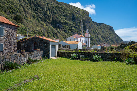 Back of the church of Our Lady of Mount Carmel, Faj&atilde; Grande, Flores Island, Azores, Portugal.