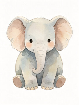 Watercolor cute elephant illustration, Morandi low saturation muted colors, solid white background nursery wall decor, delicate hand-painted watercolor texture, original commercial-use artwork