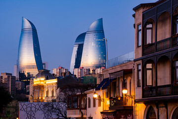 Naklejka premium Flame Tower Building in Sunrise, Baku City, Azerbaijan 