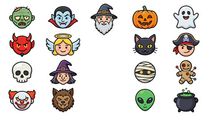 Naklejka premium Halloween cartoon character icon set with spooky faces and symbols