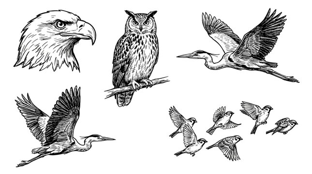 Hand drawn bird sketch set with eagle owl heron and sparrows
