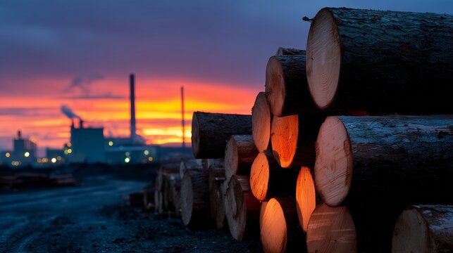 Sunset view of logs stacked near a lumber mill with smoke rising in the background