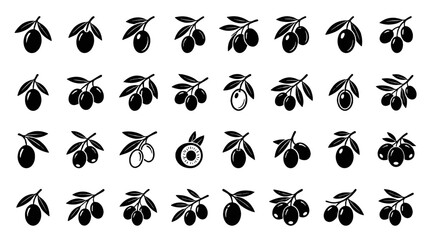 Fototapeta premium Set of black olive branch icons in simple silhouette style